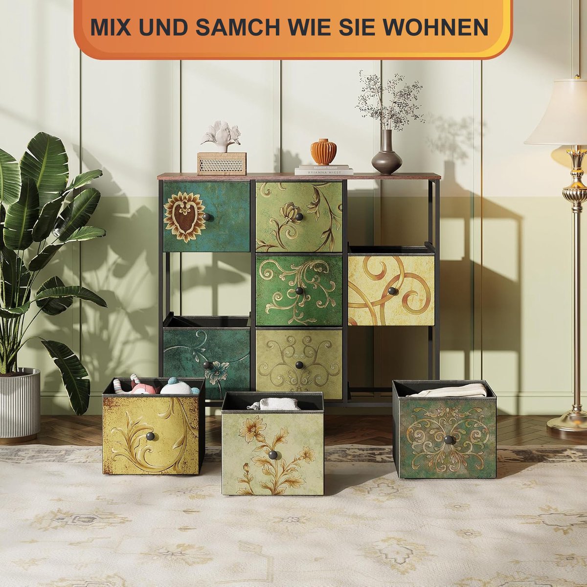 Commode met 9 stoffen lades, Smalle vintage ladekast met stalen frame, Sideboard opbergkast voor slaapkamer, woonkamer en hal, 100 x 30 x 86.5 cm