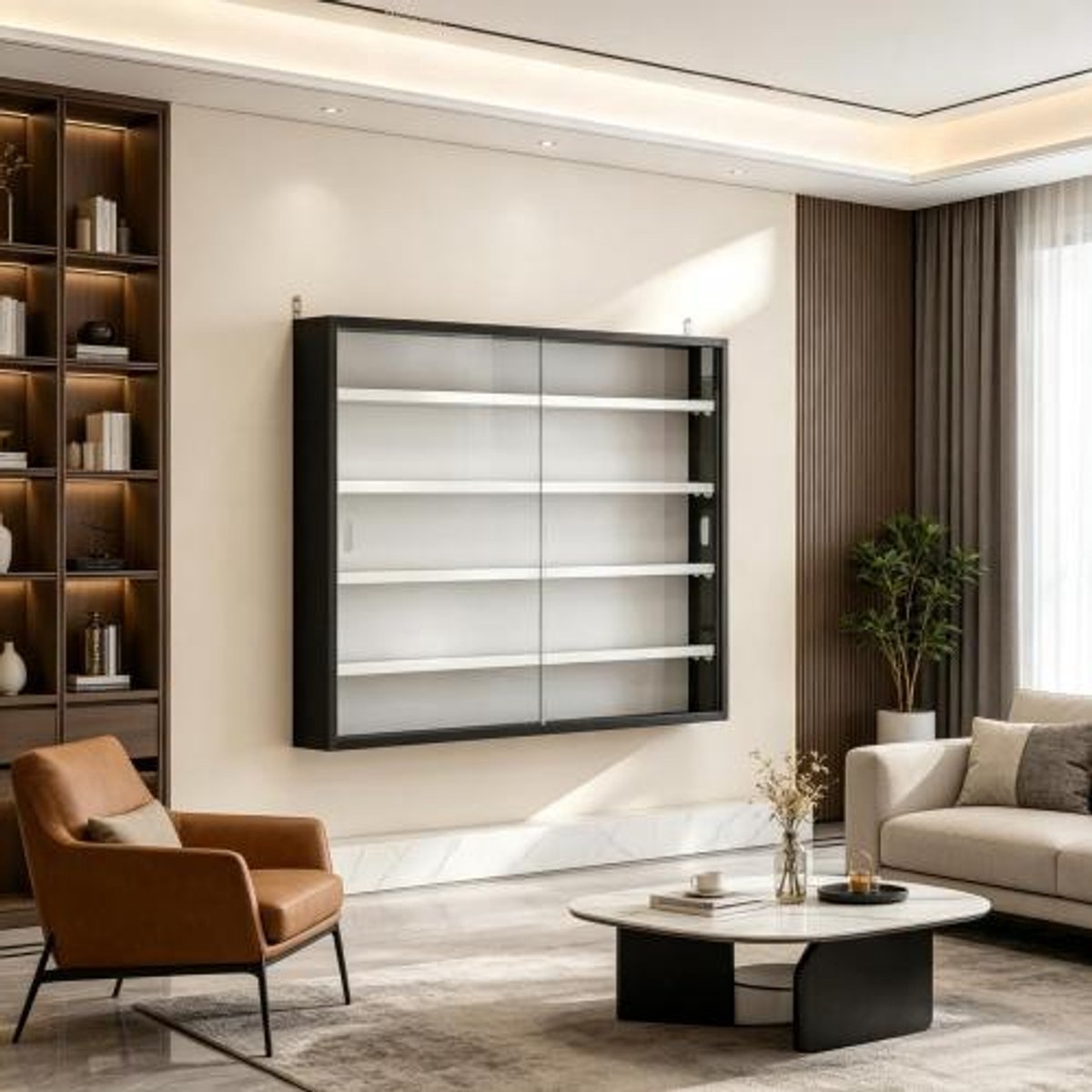 Rolipo Hangende vitrinekast - Moderne glazen vitrinekast - Twee glazen schuifdeuren - Verstelbare planken - 80x9,5x60 cm - Voor verzamelobjecten - Zwart en Wit
