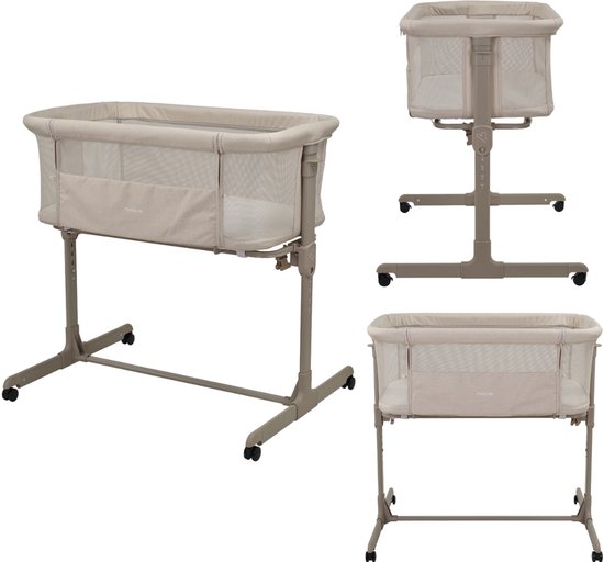 MamaLoes Loua Co-Sleeper wieg aan bed in beige met verstelbare hoogte en wieltjes.