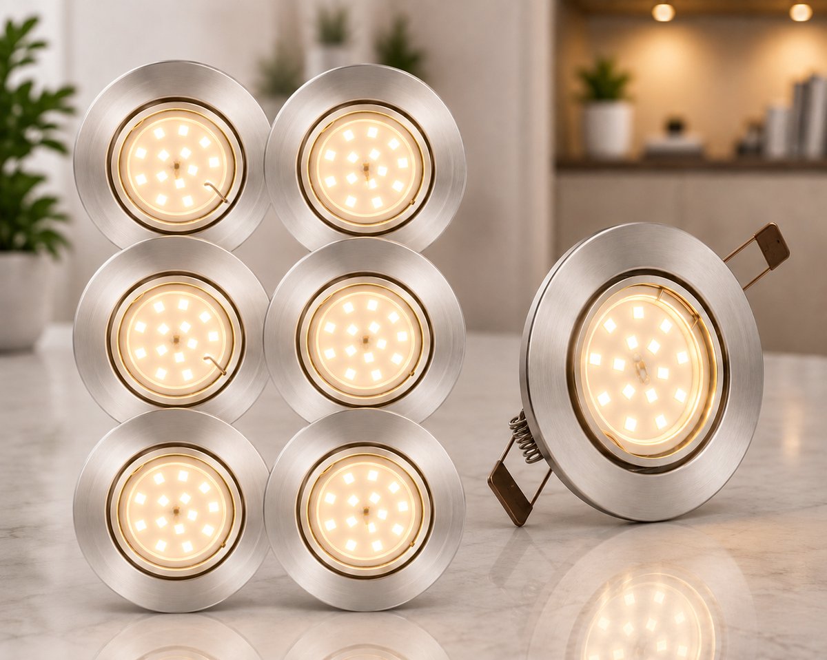 Trango Set van 6 inbouwspots 6729-062MO in RVS look draaibaar incl. 6x 3000K warm wit Ultra Flat LED Module, Plafondspots, Plafondlamp, Badkamerlamp, Woonkamer