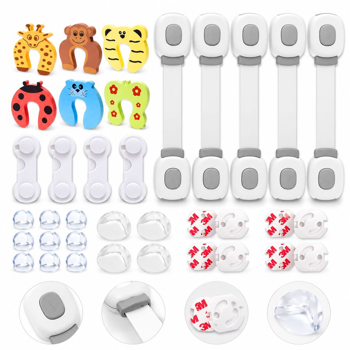 VHV - 44Stuks Veiligheidsset - Met 4 x Kinderslot Kastjes - 14 x Stopcontactbeveiliging - 16 x Hoekbeschermers Baby - 4 x Kinderslot - 6 x Deurvastzetter - Deurstopper - Deurstoppers voor binnen - Kastbeveiliging voor kinderen