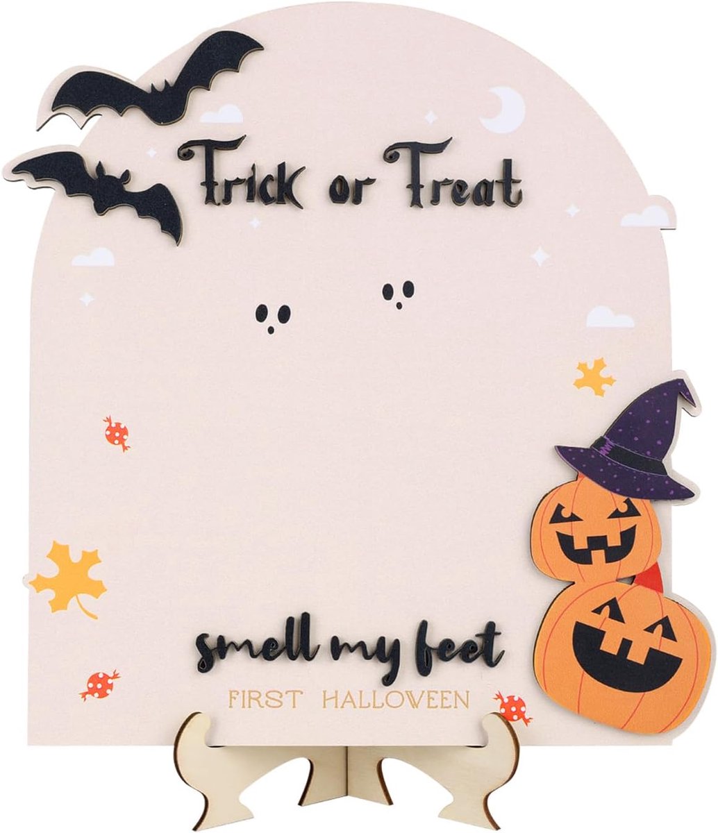 Eerste Halloween-Voetafdruk Houten Mijlpaalkaart, Trick Or Treat Baby-Voetafdruk-Bord Schattige Pompoen Decoratief Halloween-Aandenken DIY Knutselwerk Kunst Nursery Decoraties