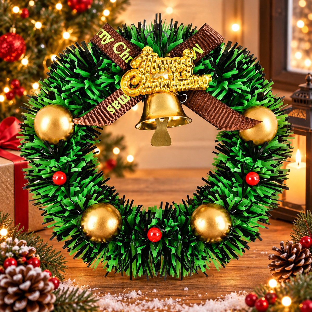 2 stuks mini kerstkrans met gouden ornamenten en tekst Merry Christmas