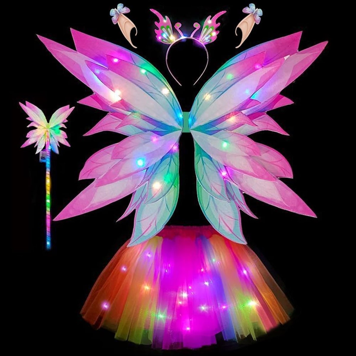 Vlinder/feetjeskostuum voor kinderen – verlichte set met vleugels, diadeem, toverstaf, rokje en elfenoren – perfect voor Halloween, carnaval, cosplay en verjaardagsfeestjes (rood)