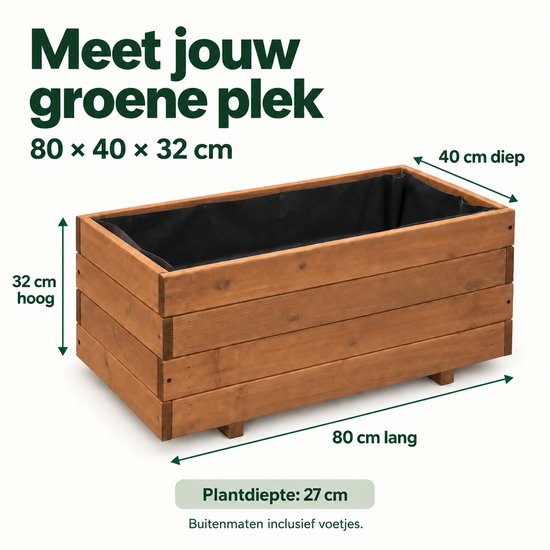 Afmetingen van de houten plantenbak: 80 cm lang, 40 cm diep, 32 cm hoog.