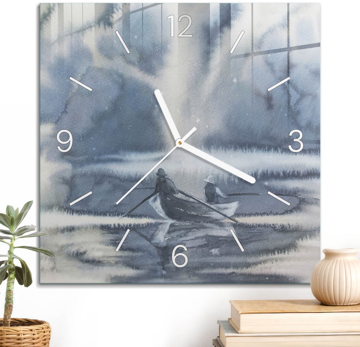 ArtPrintCave Blauw Glazen Klok - 30x30 cm - Wandklok Vierkant - Winterreis Wandklok Keuken - Kunst Unieke Klok - Witte Klokwijzers