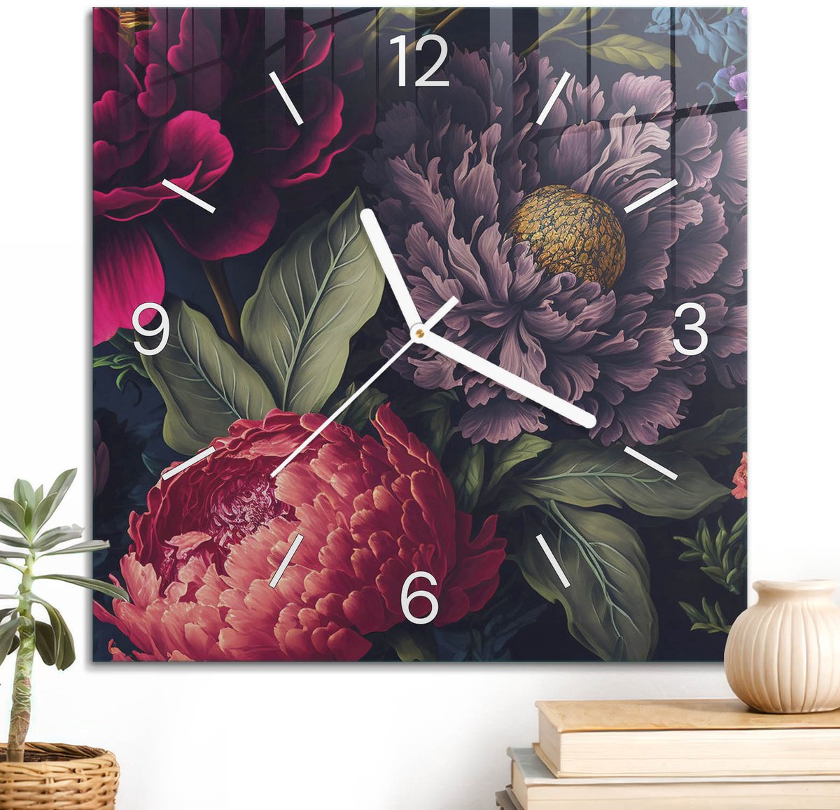 ArtPrintCave Rood Glazen Klok - 30x30 cm - Wandklok Vierkant - Bloemenpatroon Unieke Klok - Natuur Stille Wandklok - Witte Klokwijzers