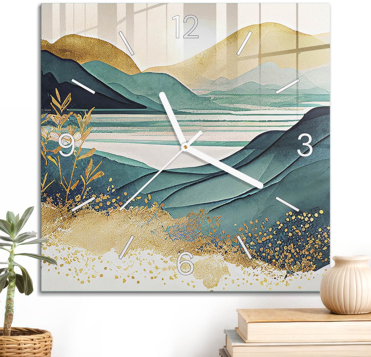 ArtPrintCave Turkoois Glazen Klok - 30x30 cm - Wandklok Vierkant - Turkoois Landschap Wandklok Keuken - Natuur Unieke Klok - Witte Klokwijzers