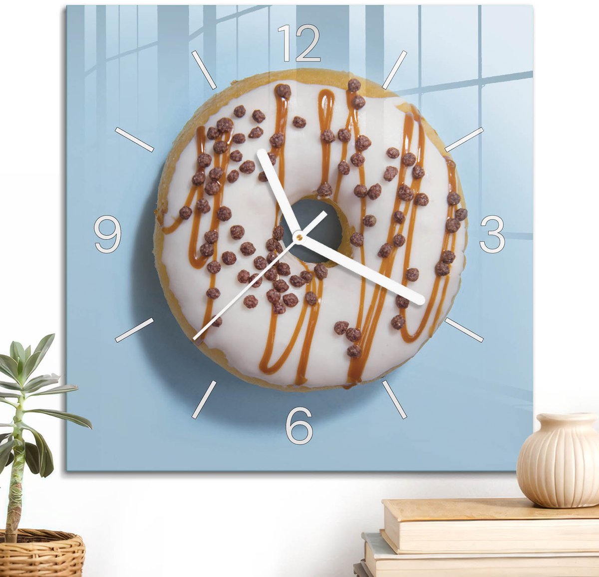 ArtPrintCave Wit Glazen Klok - 30x30 cm - Wandklok Vierkant - Lekkere Donut Unieke Klok - Kunst Stille Wandklok - Witte Klokwijzers