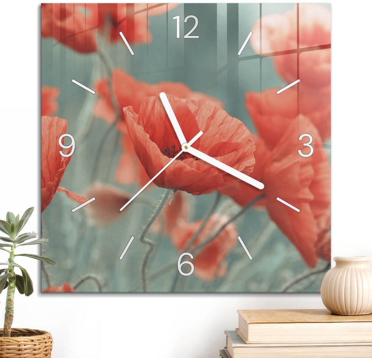 ArtPrintCave Rood Glazen Klok - 30x30 cm - Wandklok Vierkant - Rode Klaprozen Wandklok Keuken - Natuur Unieke Klok - Witte Klokwijzers