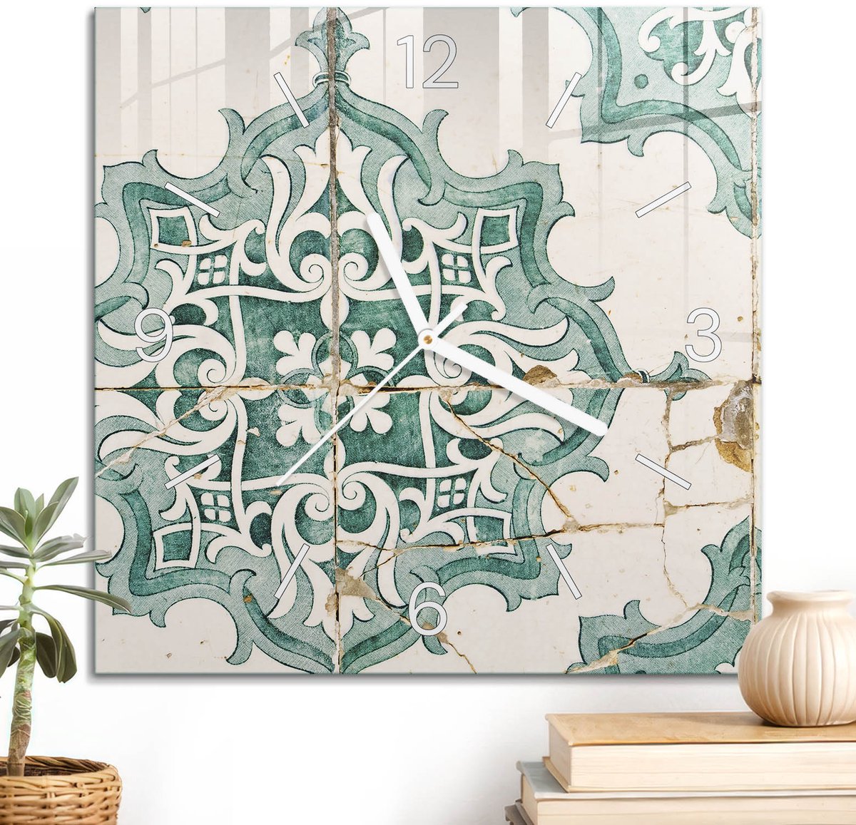 ArtPrintCave Romig Glazen Klok - 30x30 cm - Wandklok Vierkant - Vintage Tegels Stille Wandklok - Achtergronden En Patronen Wandklok Keuken - Witte Klokwijzers