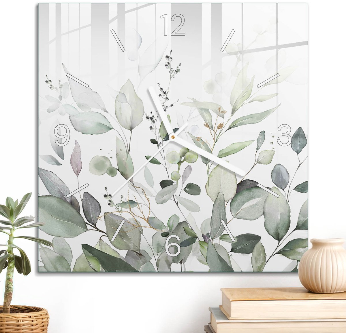ArtPrintCave Groene Glazen Klok - 30x30 cm - Wandklok Vierkant - Botanische Schilderkunst Unieke Klok - Abstractie Stille Wandklok - Witte Klokwijzers