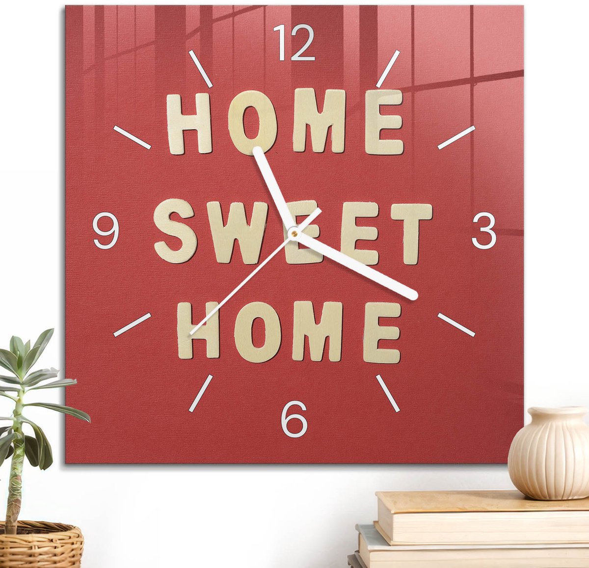 ArtPrintCave Rood Glazen Klok - 30x30 cm - Wandklok Vierkant - Huiselijke Warmte Unieke Klok - Achtergronden En Patronen Stille Wandklok - Witte Klokwijzers
