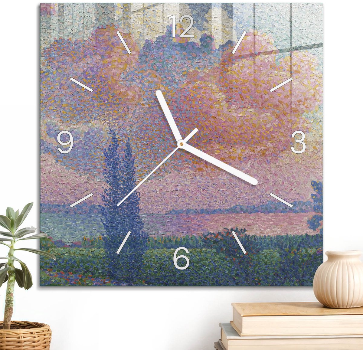 ArtPrintCave Roze Glazen Klok - 30x30 cm - Wandklok Vierkant - Schilderachtig Landschap Wandklok Keuken - Natuur Unieke Klok - Witte Klokwijzers