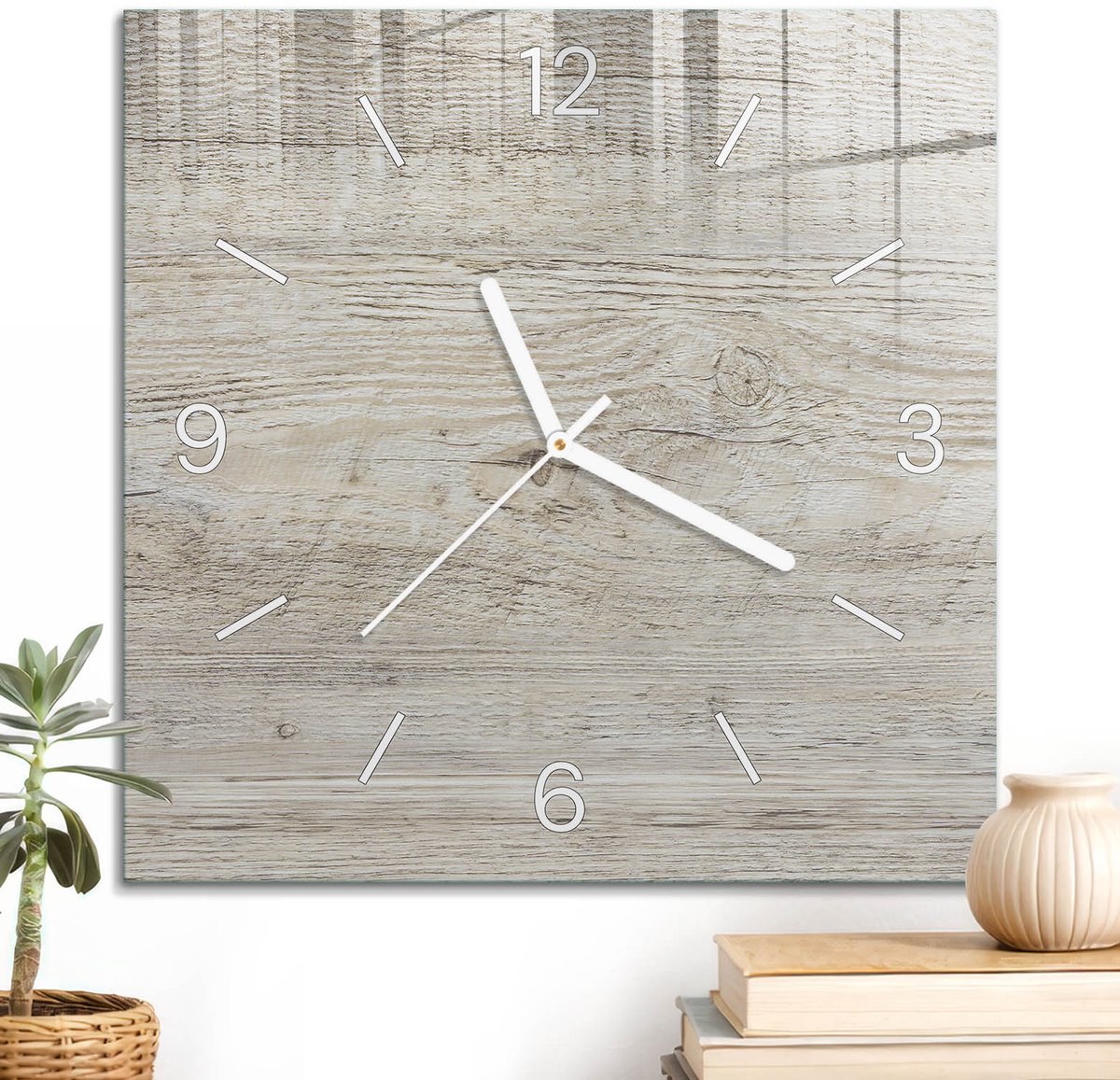 ArtPrintCave Beige Glazen Klok - 30x30 cm - Wandklok Vierkant - Beige Hout Unieke Klok - Achtergronden En Patronen Stille Wandklok - Witte Klokwijzers