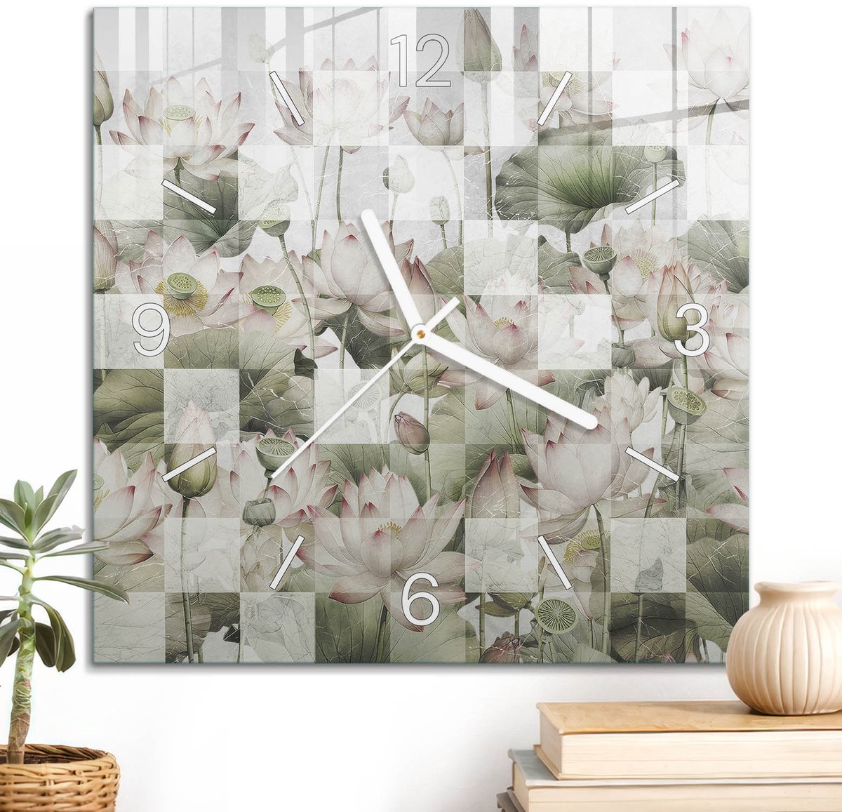 ArtPrintCave Groene Glazen Klok - 30x30 cm - Wandklok Vierkant - Lotusbloemen Unieke Klok - Natuur Stille Wandklok - Witte Klokwijzers