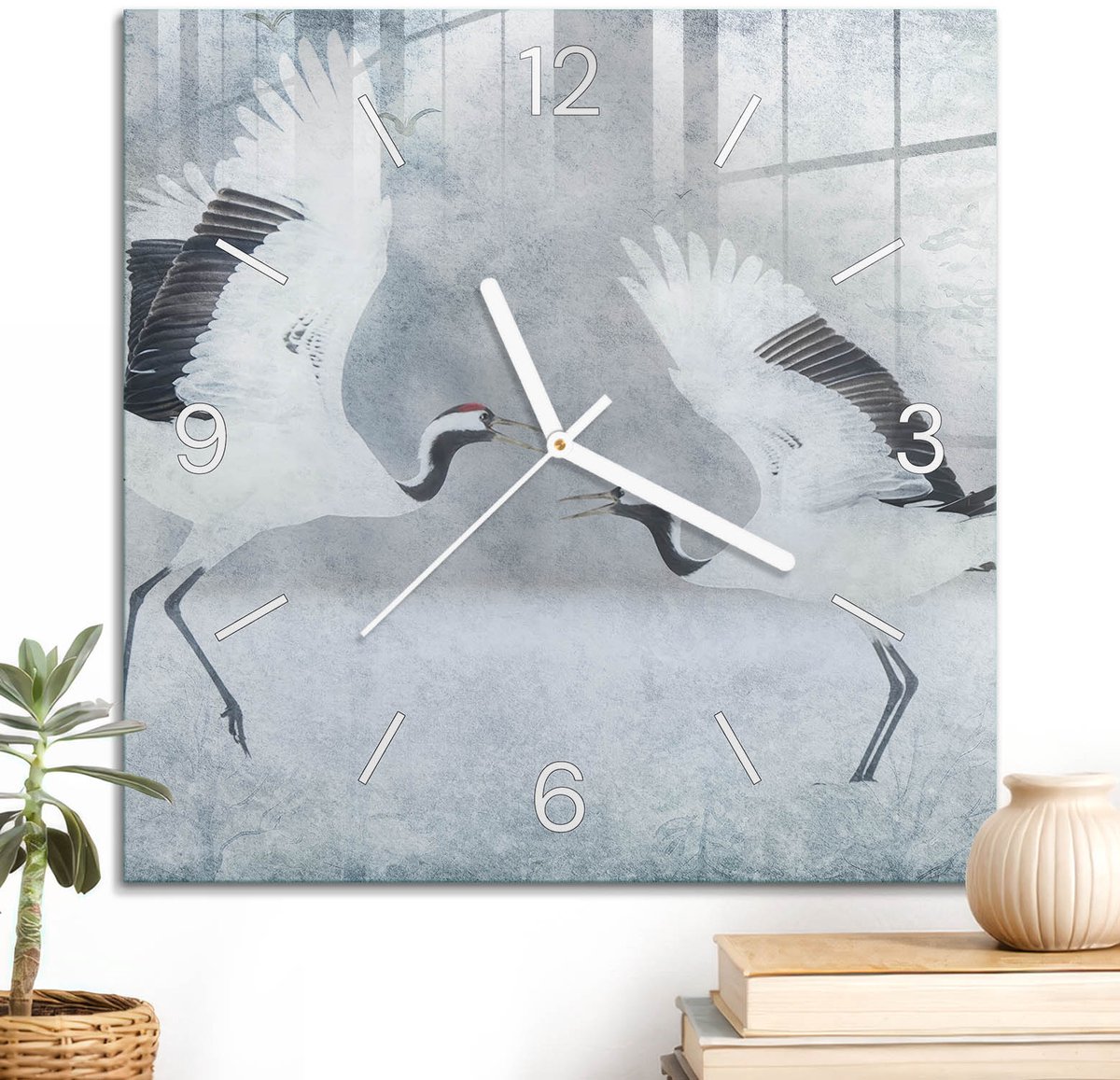 ArtPrintCave Grijs Glazen Klok - 30x30 cm - Wandklok Vierkant - Harmonie-Kranen Wandklok Keuken - Natuur Unieke Klok - Witte Klokwijzers