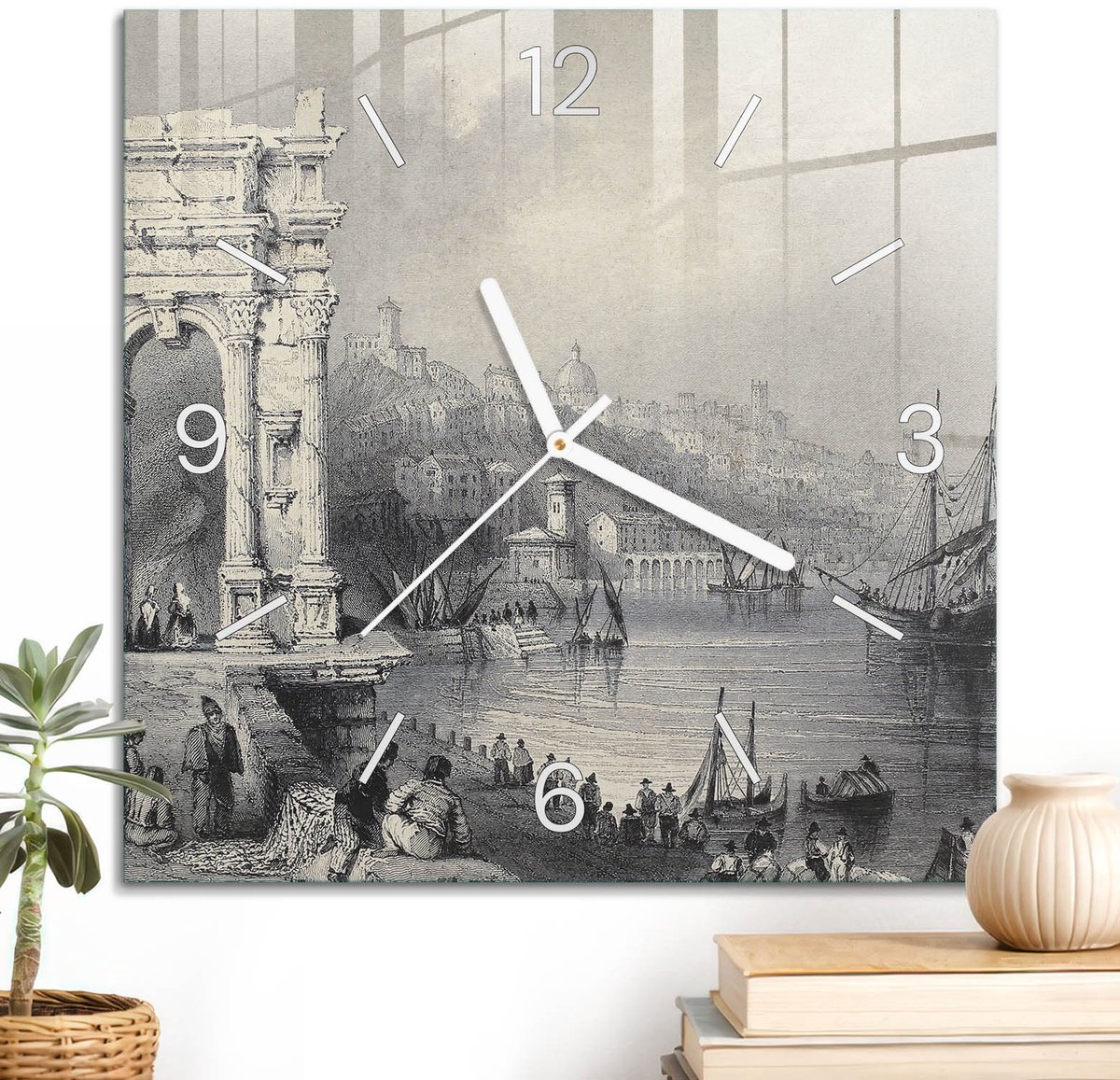 ArtPrintCave Beige Glazen Klok - 30x30 cm - Wandklok Vierkant - Havenstad Stille Wandklok - Landschappen Wandklok Keuken - Witte Klokwijzers