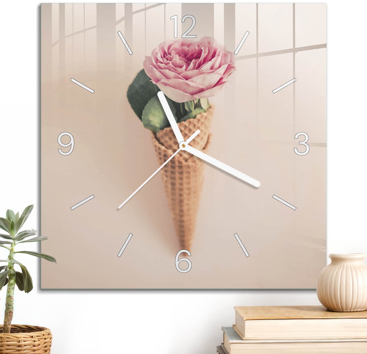 ArtPrintCave Romig Glazen Klok - 30x30 cm - Wandklok Vierkant - Rozenwafel Stille Wandklok - Abstractie Wandklok Keuken - Witte Klokwijzers
