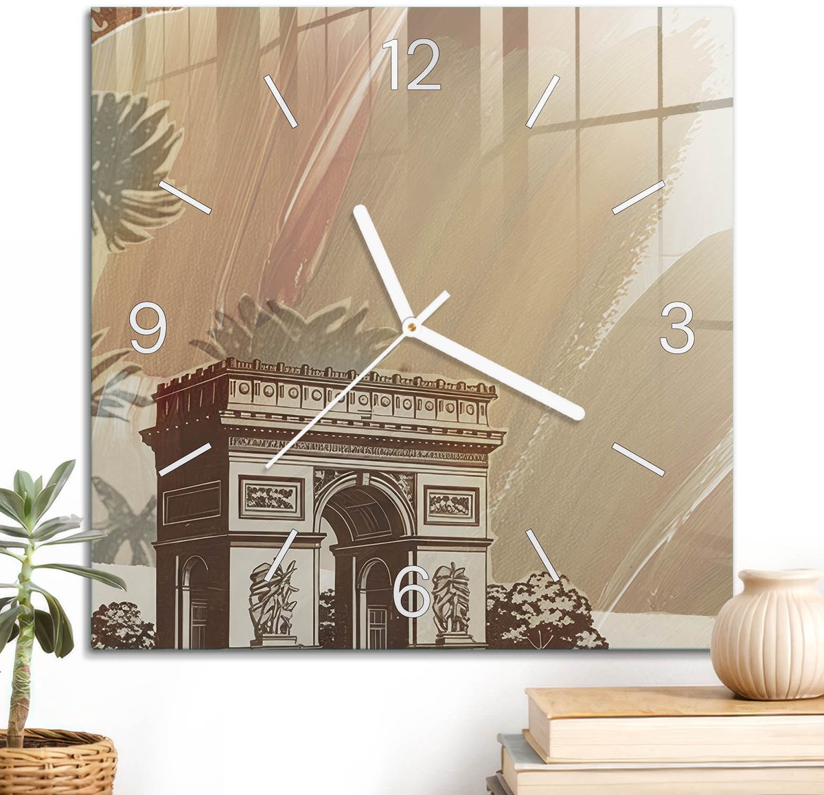 ArtPrintCave Beige Glazen Klok - 30x30 cm - Wandklok Vierkant - Exotische Elegantie Stille Wandklok - Bloemen En Planten Wandklok Keuken - Witte Klokwijzers