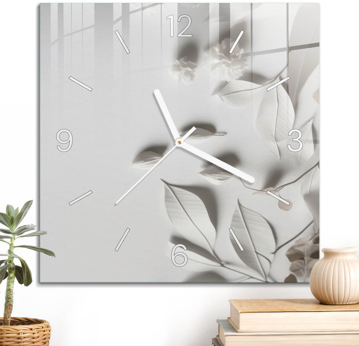ArtPrintCave Wit Glazen Klok - 30x30 cm - Wandklok Vierkant - Tere Bladeren Stille Wandklok - Achtergronden En Patronen Wandklok Keuken - Witte Klokwijzers