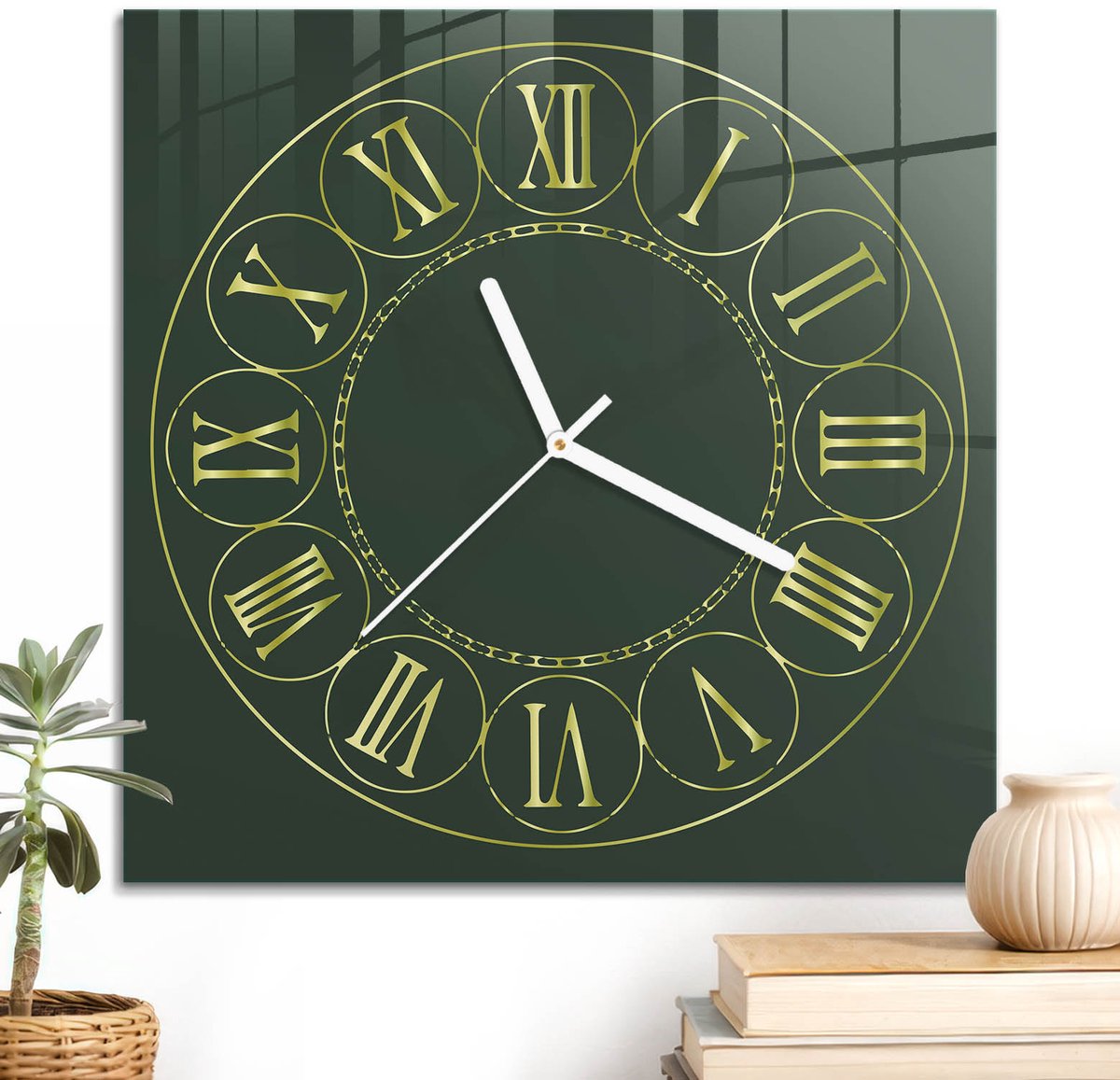 ArtPrintCave Groene Glazen Klok - 30x30 cm - Wandklok Vierkant - Klassieke Klok Wandklok Keuken - Kunst Unieke Klok - Witte Klokwijzers