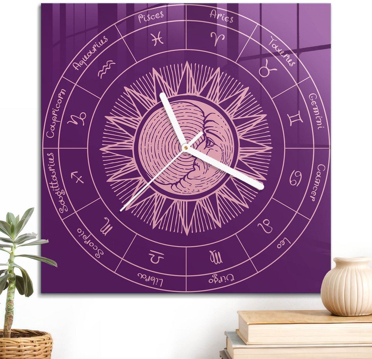 ArtPrintCave Paars Glazen Klok - 30x30 cm - Wandklok Vierkant - Dierenriem Mandala Unieke Klok - Kosmos Stille Wandklok - Witte Klokwijzers