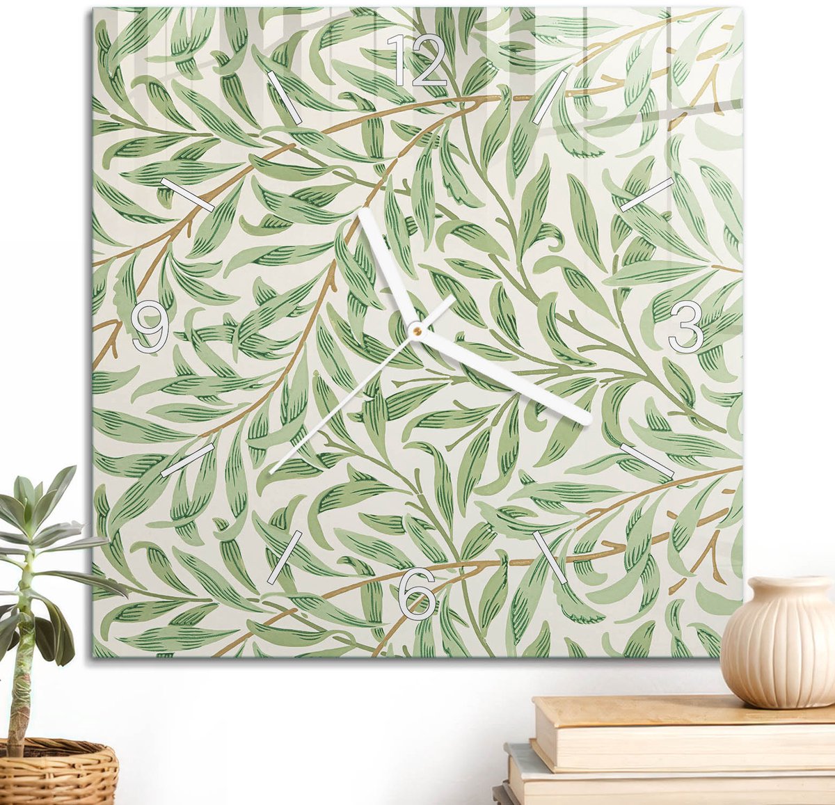 ArtPrintCave Groene Glazen Klok - 30x30 cm - Wandklok Vierkant - Plantenpatroon Stille Wandklok - Natuur Wandklok Keuken - Witte Klokwijzers