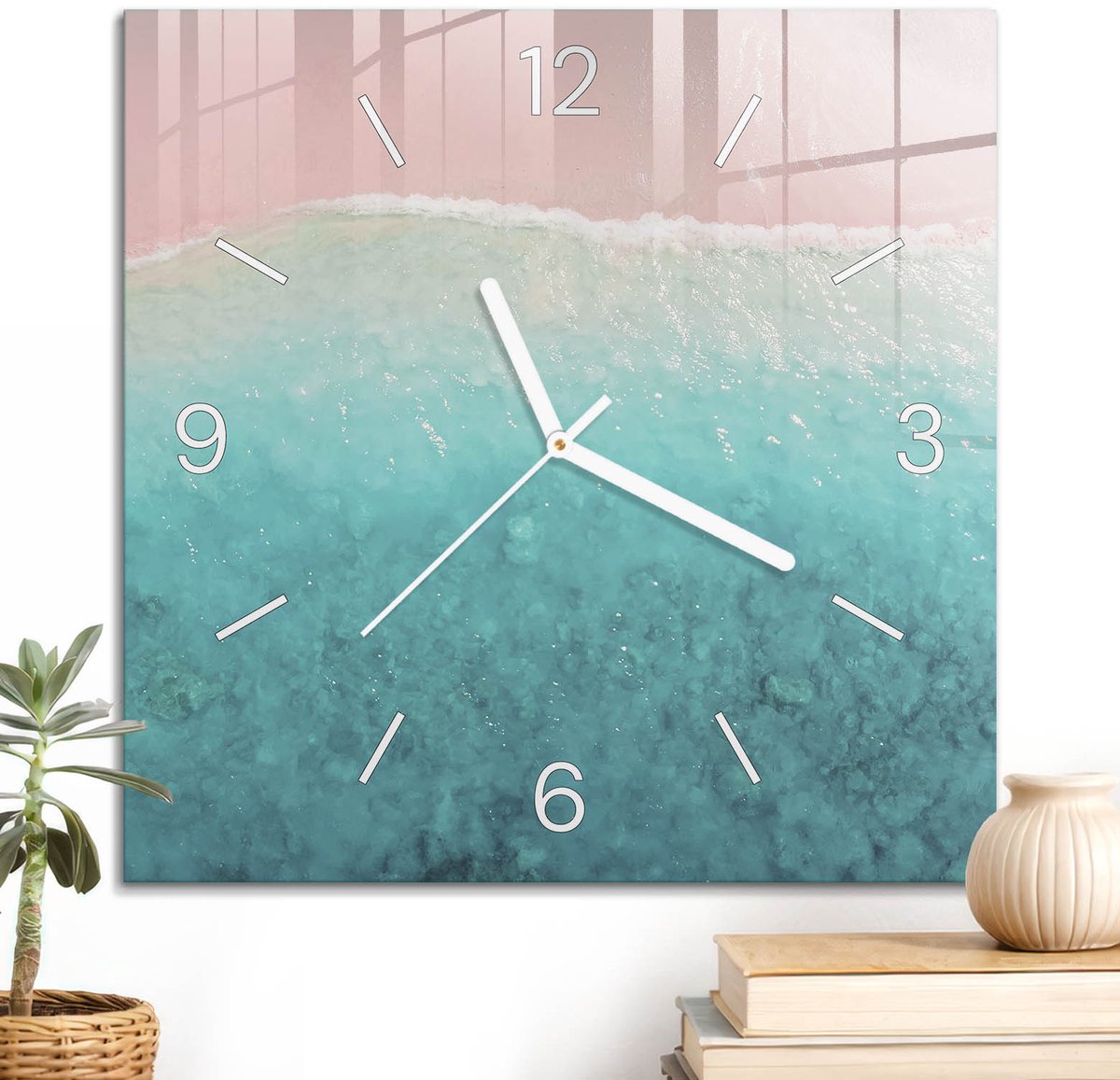 ArtPrintCave Roze Glazen Klok - 30x30 cm - Wandklok Vierkant - Droomstrand Stille Wandklok - Natuur Wandklok Keuken - Witte Klokwijzers
