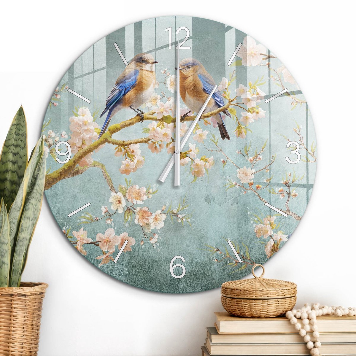 ArtPrintCave Turkoois Glazen Klok - Wandklok 60 cm - Muurklok Rond - Lente Harmonie Unieke Klok - Dieren Stille Wandklok - Witte Klokwijzers