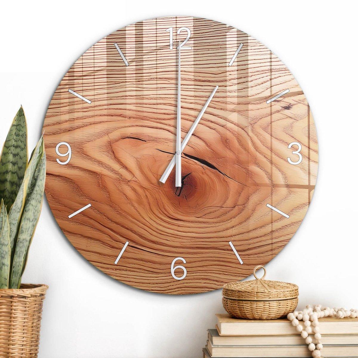 ArtPrintCave Bruin Glazen Klok - Wandklok 60 cm - Muurklok Rond - Houtnerf Wandklok Keuken - Natuur Unieke Klok - Witte Klokwijzers