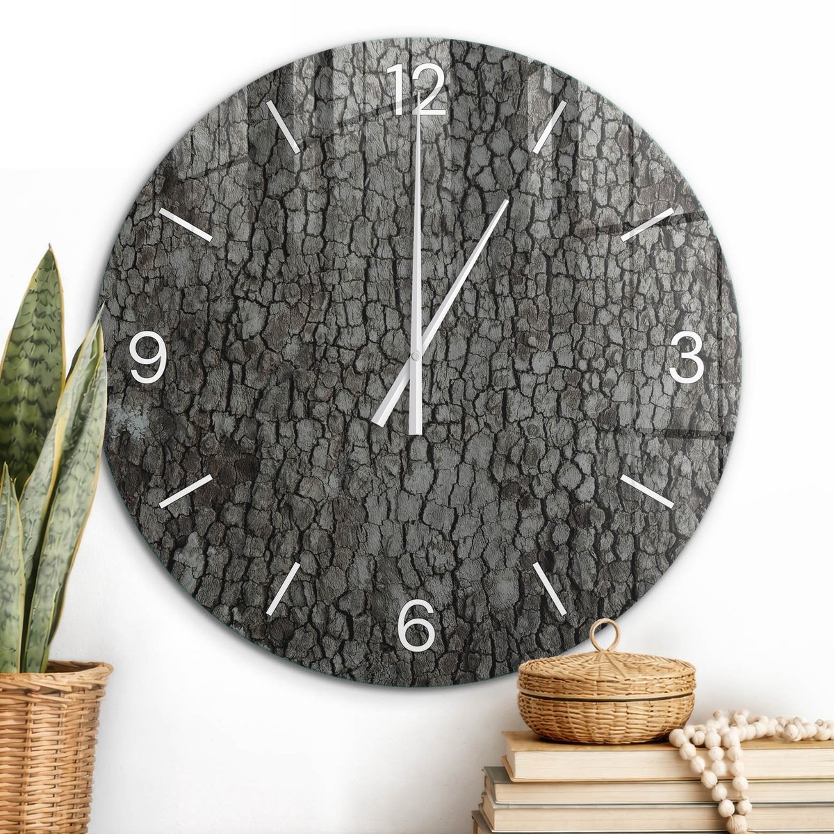 ArtPrintCave Grijs Glazen Klok - Wandklok 60 cm - Muurklok Rond - De Structuur Van De Natuur Wandklok Keuken - Natuur Unieke Klok - Witte Klokwijzers