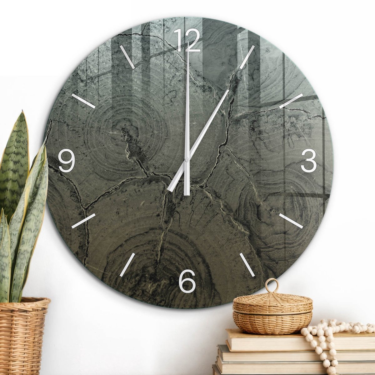 ArtPrintCave Grijs Glazen Klok - Wandklok 60 cm - Muurklok Rond - Natuurlijke Cirkels Wandklok Keuken - Texturen Unieke Klok - Witte Klokwijzers