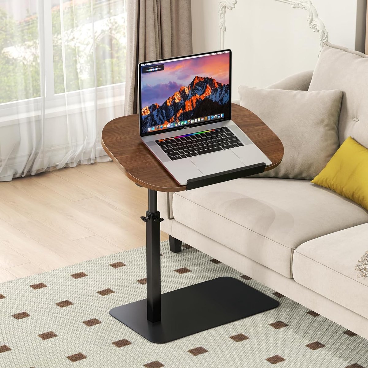 Vellaro Bijzettafel verstelbaar - Noten - C-vorm - Massief Hout en Metalen Basis - Voor Woonkamer en Slaapkamer