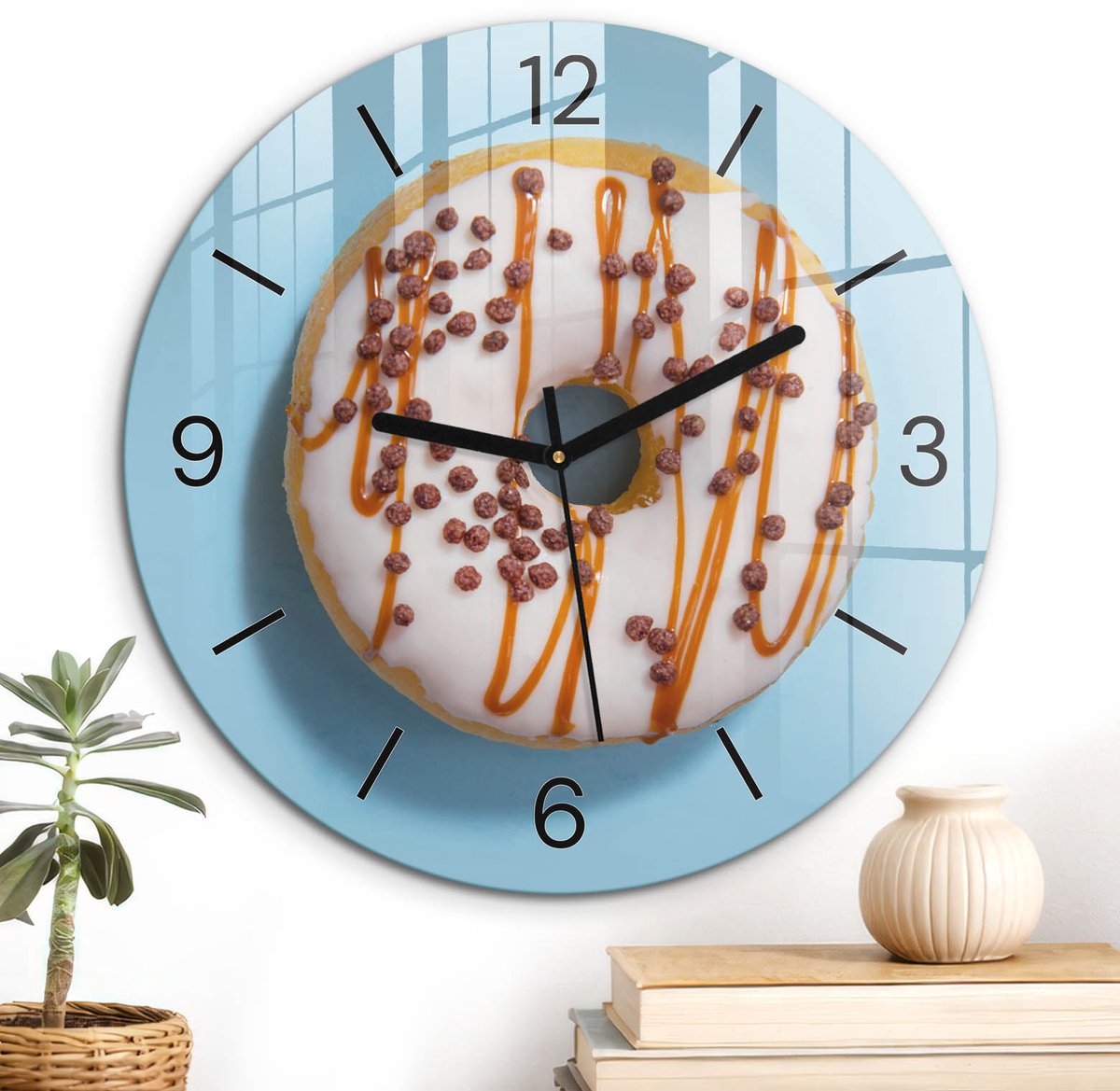 ArtPrintCave Wit Glazen Klok - Wandklok 30 cm - Muurklok Rond - Lekkere Donut Unieke Klok - Kunst Stille Wandklok - Zwarte Klokwijzers