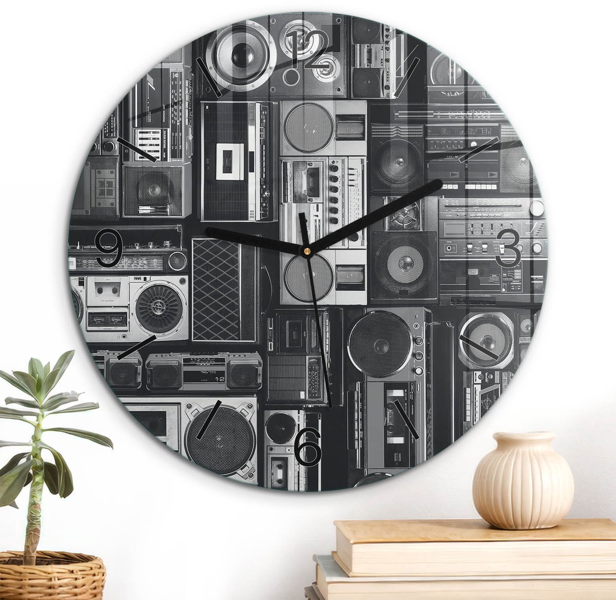 ArtPrintCave Zwart Glazen Klok - Wandklok 30 cm - Muurklok Rond - Geluidsruimte Wandklok Keuken - Geometrie Unieke Klok - Zwarte Klokwijzers