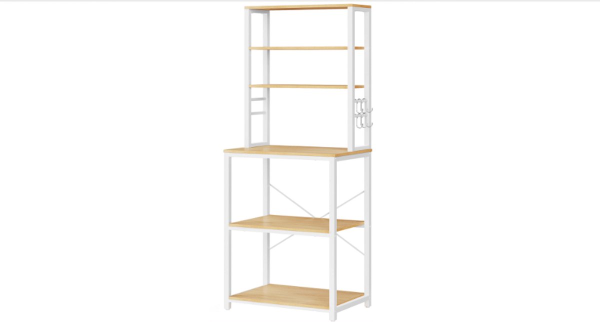 Keukenrek 40x60x167 cm Naturel + Wit, 6-Laags Opbergrek met 6 Haken, Verstelbare Planken, Keuken Opbergrek voor Magnetron, Airfryer en Koffiezetapparaat, Koffiebar, Bakruimte
