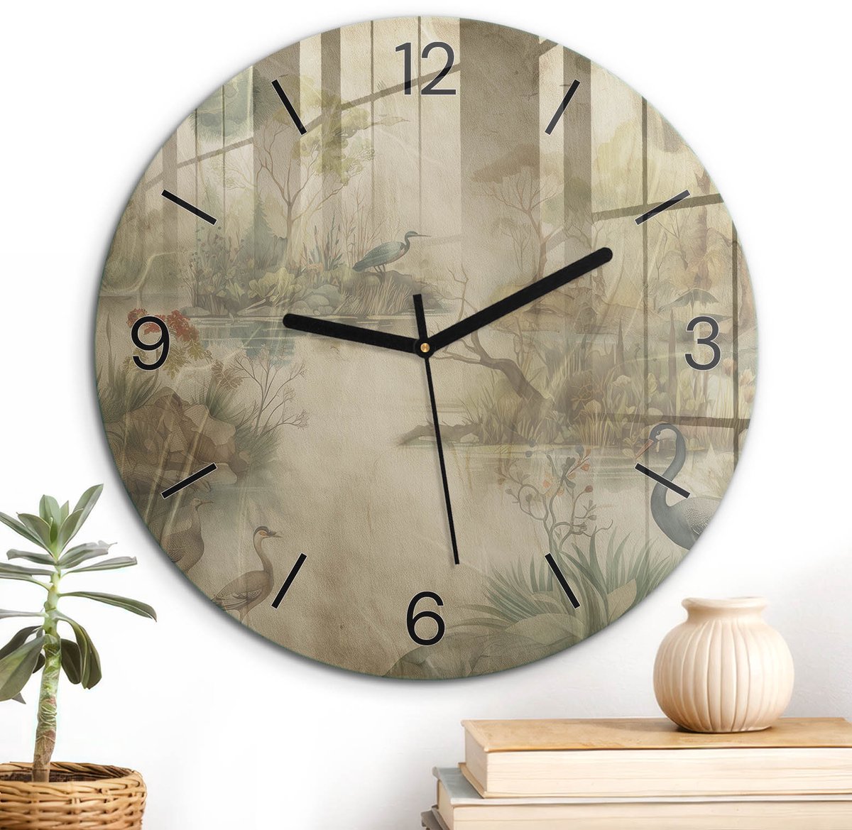 ArtPrintCave Beige Glazen Klok - Wandklok 30 cm - Muurklok Rond - Vreedzaam Landschap Wandklok Keuken - Kunst Unieke Klok - Zwarte Klokwijzers