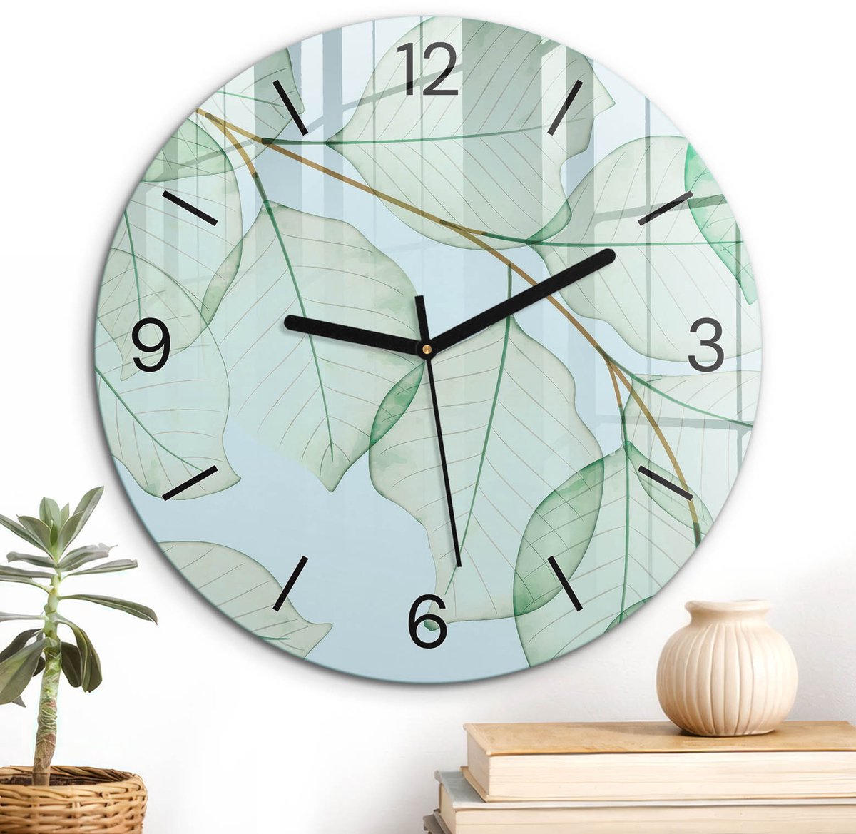 ArtPrintCave Groene Glazen Klok - Wandklok 30 cm - Muurklok Rond - Groene Bladeren Stille Wandklok - Bloemen En Planten Wandklok Keuken - Zwarte Klokwijzers