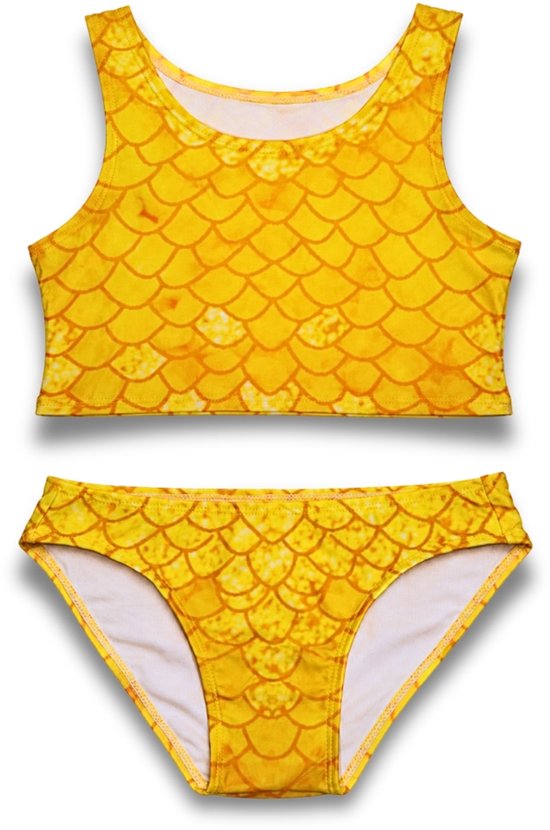 Gele meisjes bikini met zeemeerminspelldesign. Crop top met ronde hals en bijpassende bikinibroek.