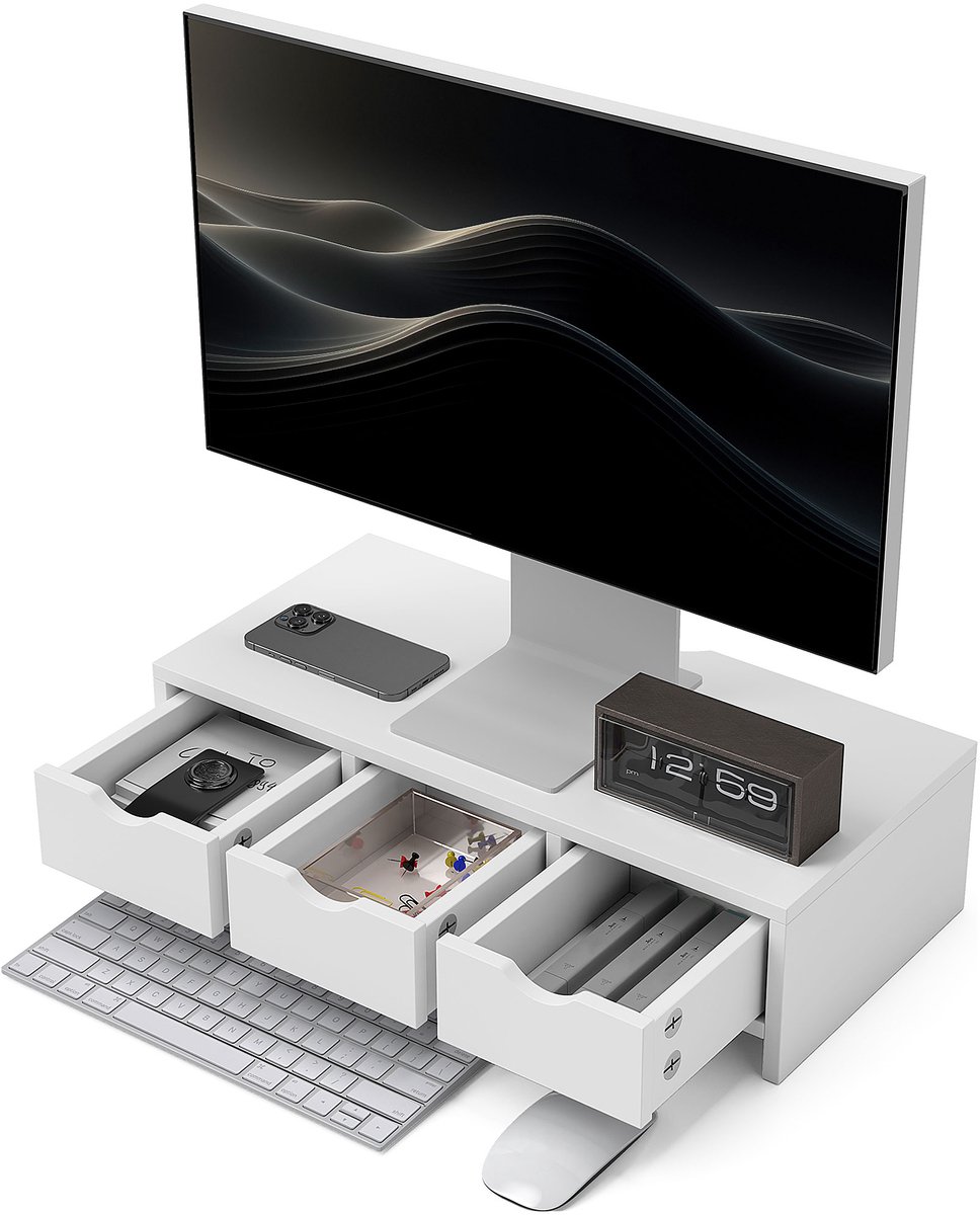 Witte monitorstandaard met 3 lades - Monitorverhoger voor 24 inch schermen - Ergonomische werkplek voor kantoor en thuis - 51x24x13 cm - Wit