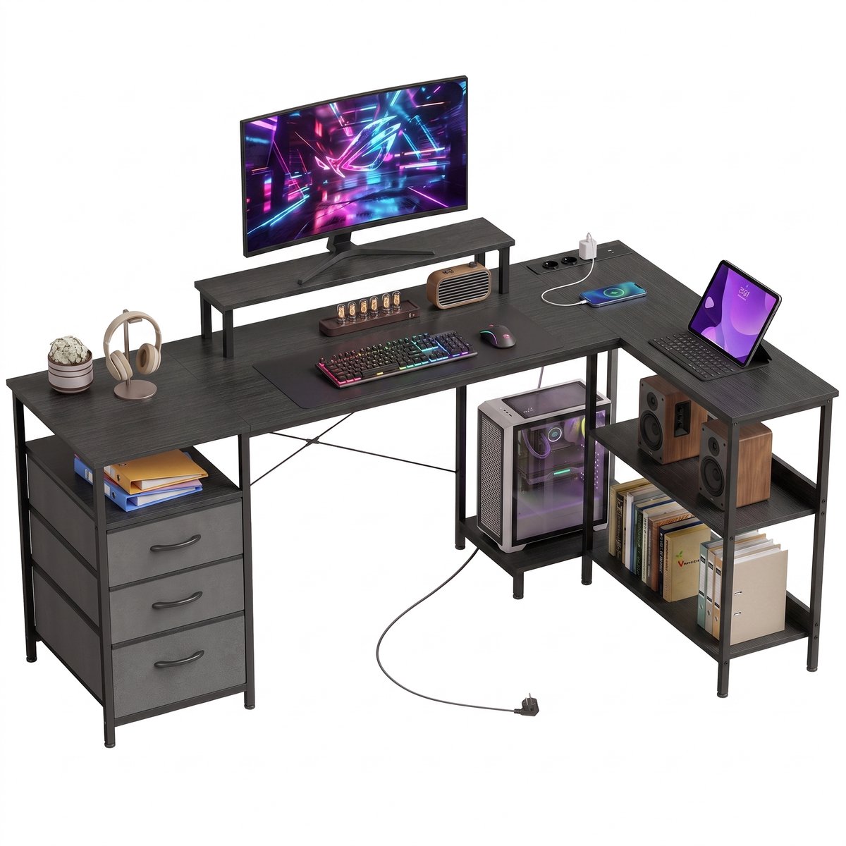 L-vormig Hoekbureau Zwart - Omkeerbaar Bureau met Lades - Opbergruimte en Stopcontacten - 170 cm