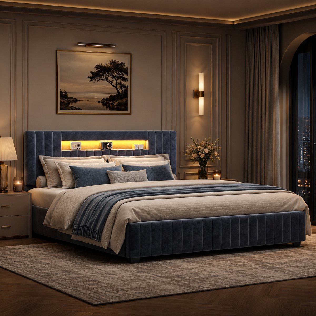 MEXUS Tweepersoonsbed 160x200 cm, Bedframe Bekleed met Grijs Fluweel met Opbergruimte, met Hoofdbord met Opbergvak, Ledverlichting, Lattenbodem Massief Hout, Zonder Matras (Grijs, 160x200 cm)