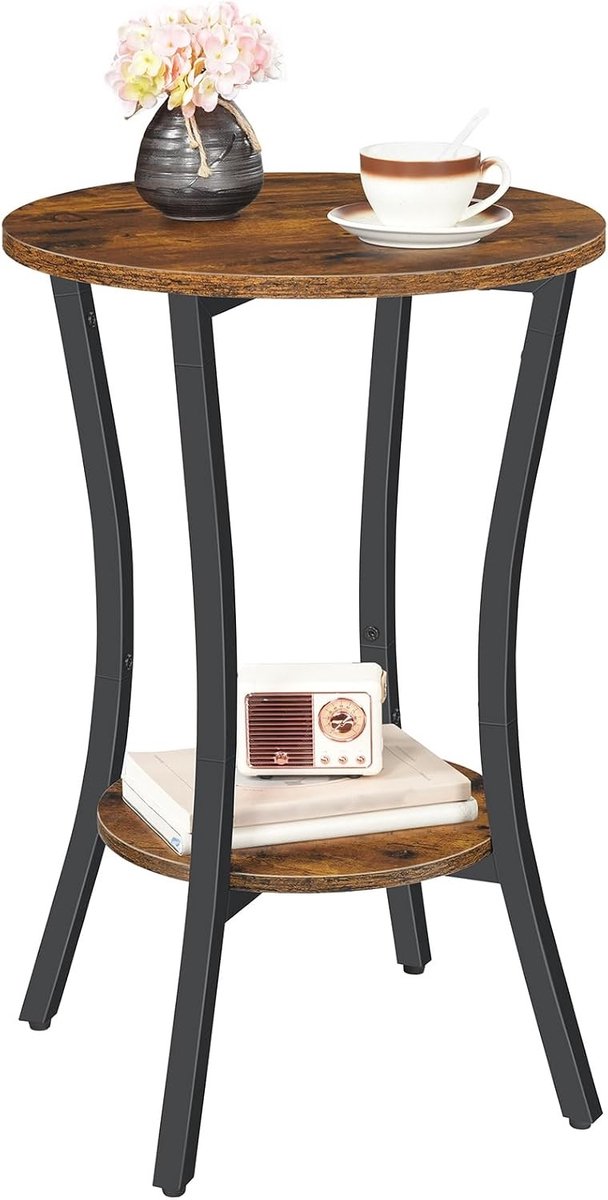 Vellaro Bijzettafel verstelbaar - Bruin en zwart - 40 x 40 x 61 cm - Ronde salontafel met opbergruimte - Industrieel design voor kleine ruimtes