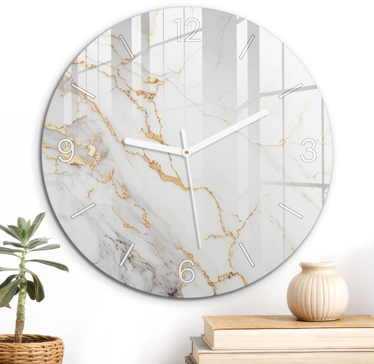 ArtPrintCave Wit Glazen Klok - Wandklok 30 cm - Muurklok Rond - Moderne Elegantie Unieke Klok - Abstractie Stille Wandklok - Witte Klokwijzers