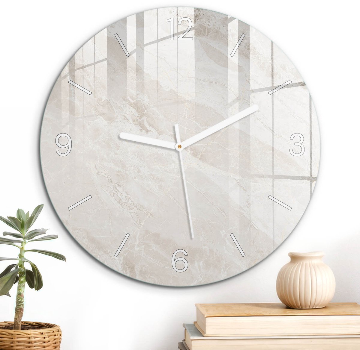 ArtPrintCave Beige Glazen Klok - Wandklok 30 cm - Muurklok Rond - Klassieke Elegantie Stille Wandklok - Achtergronden En Patronen Wandklok Keuken - Witte Klokwijzers