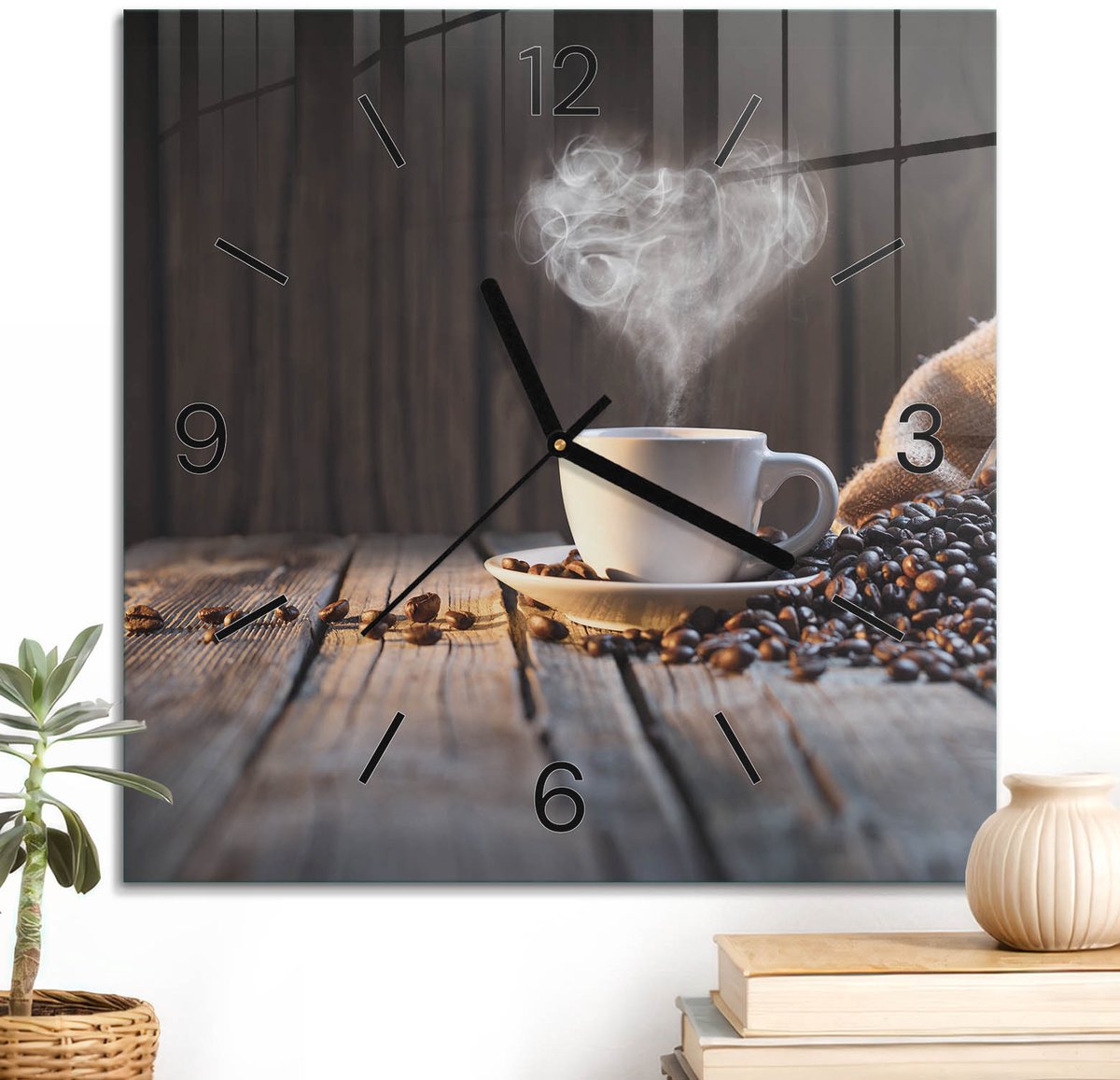 ArtPrintCave Bruin Glazen Klok - 30x30 cm - Wandklok Vierkant - Koffieliefde Unieke Klok - Natuur Stille Wandklok - Zwarte Klokwijzers