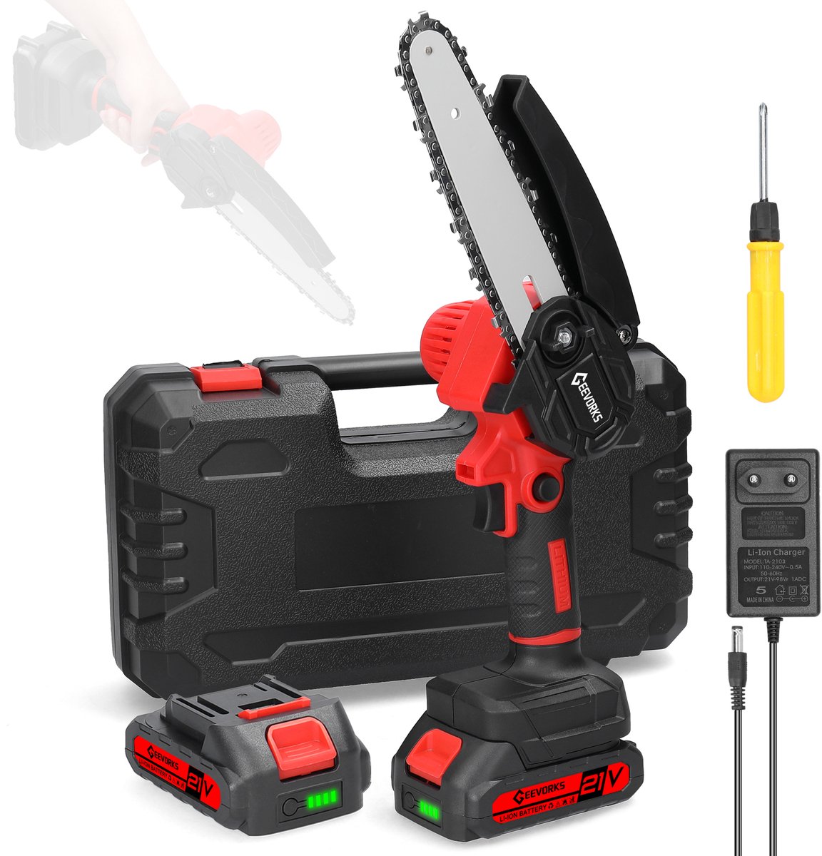 Mini accukettingzaag 6 inch 21V – draadloze snoeizaag – 2 accu's – 1300 mAh