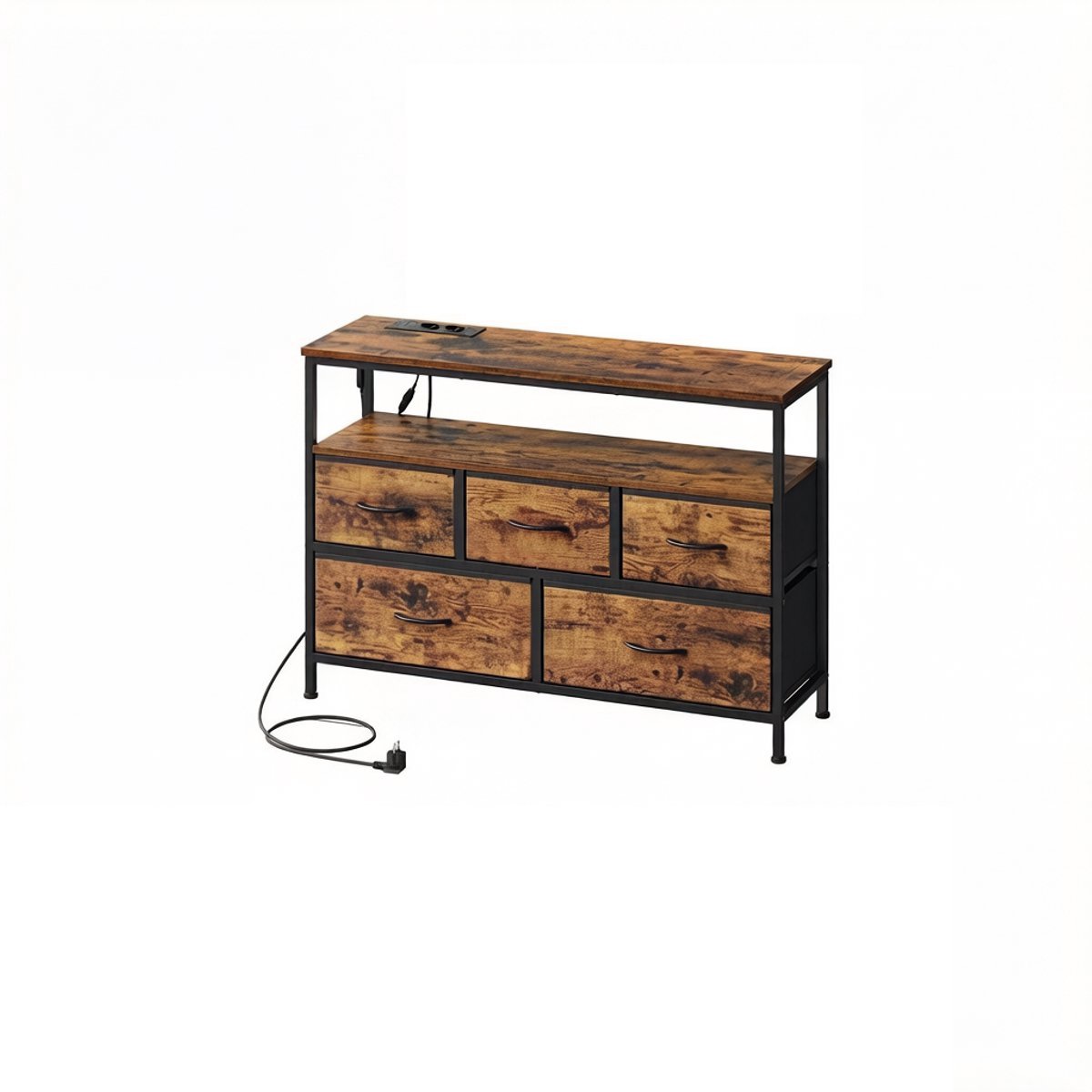 TV-meubel 98,7 x 30 x 68,1 cm Bruin + Zwart met LED Verlichting en Stopcontact 5 Lades en Open Opbergvak TV-kast met Metalen Frame voor TV tot 43 Inch Woonkamer Slaapkamer