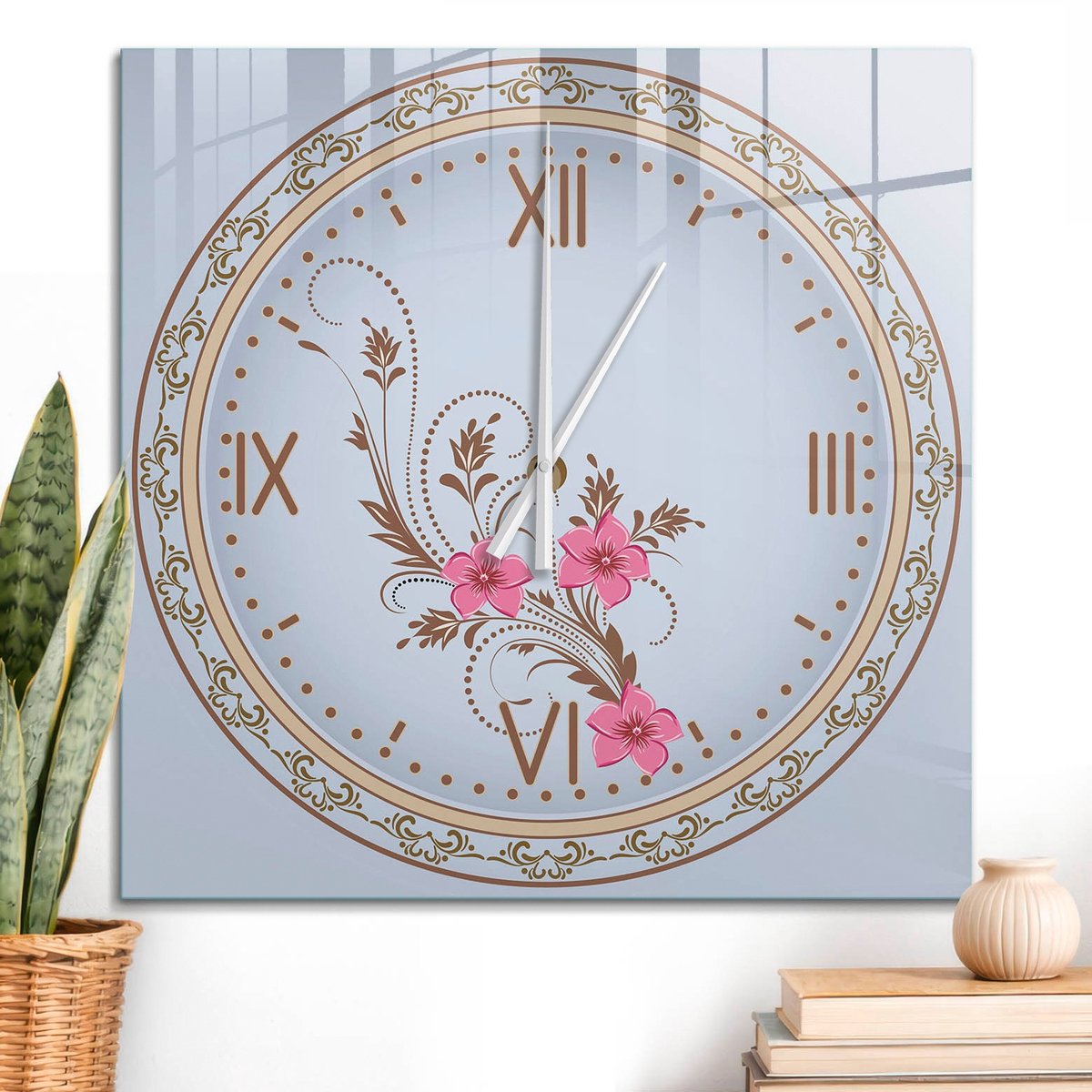ArtPrintCave Bruin Glazen Klok - 60x60 cm - Wandklok Vierkant - Bloemenklok Unieke Klok - Bloemen En Planten Stille Wandklok - Witte Klokwijzers